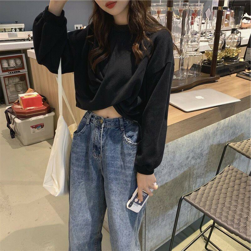 [RẺ VÔ ĐỊCH Áo Croptop Nỉ Xoắn Eo Dài Tay BASIC - Áo Sweater Tay Dài Xoắn Eo