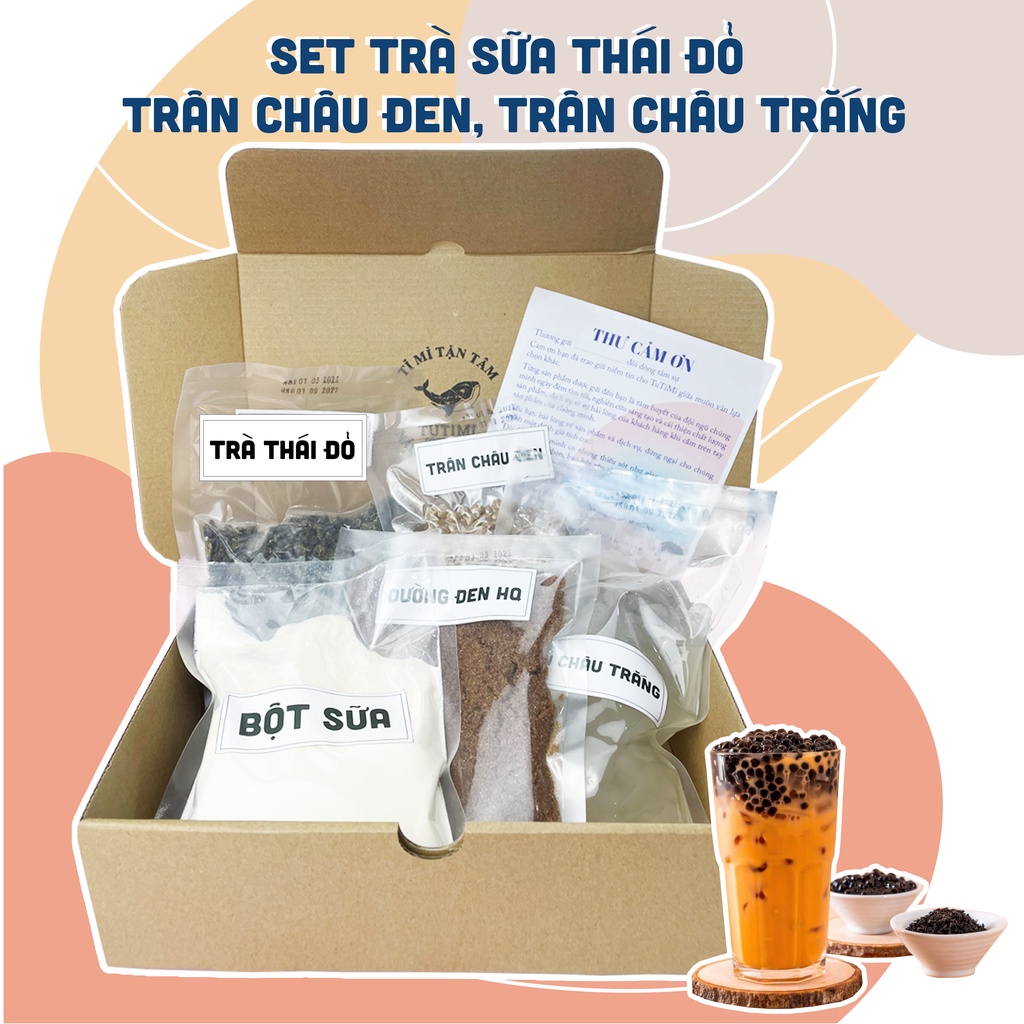 Set Nguyên Liệu Pha Trà Sữa Thái Đỏ, Trân Châu Đen Dai Dai, Trân Châu Trắng Giòn Giòn, pha được 20 -25 ly