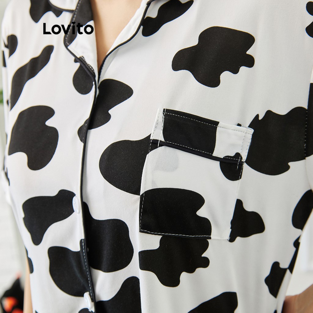 Đồ ngủ Lovito cài nút có túi in hình phong cách thường ngày L15X103 (xanh dương và trắng)