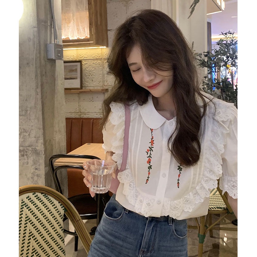 Áo Sơ Mi Tay Ngắn Phồng Cổ Búp Bê Thêu Họa Tiết Phong Cách Hàn Quốc Thời Trang Cho Nữ