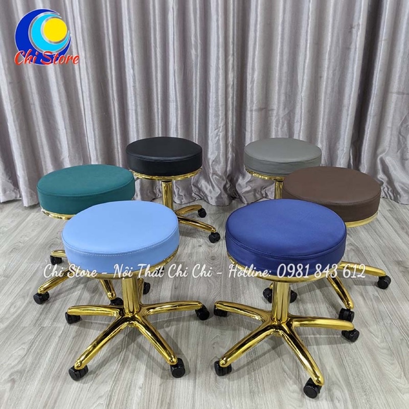 Ghế Xoay Bánh Xe Spa Cao Cấp, Ghế Đôn Hơi Phun Xăm Điều Chỉnh Cao Chân Kim Loại Mạ Vàng Gold Cực Sang