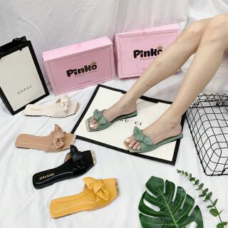 Dép nơ ú da mềm mũi viền vàng
