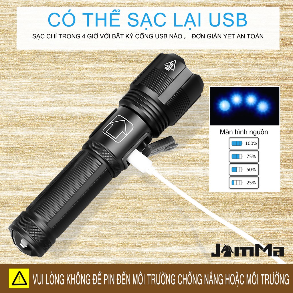 Đèn pin Xhp50 không thấm nước pin 18650 có thể sạc lại qua USB | BigBuy360 - bigbuy360.vn