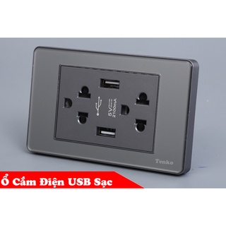 Ổ Điện Đôi 3 Chấu Có USB Sạc Màu Xám Mặt PVC Trong Chống Giật Tenko TK-C9-045
