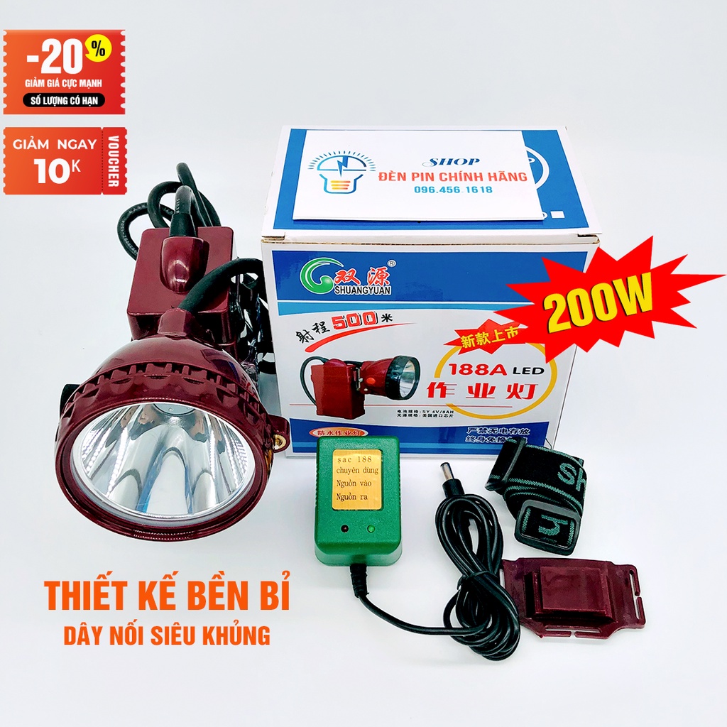 Đèn pin đội đầu siêu sáng 200W SHANGYUAN 188 LED ắc quy rời chống nước, đèn đeo đầu soi ếch ánh sáng Vàng hoặc Trắng