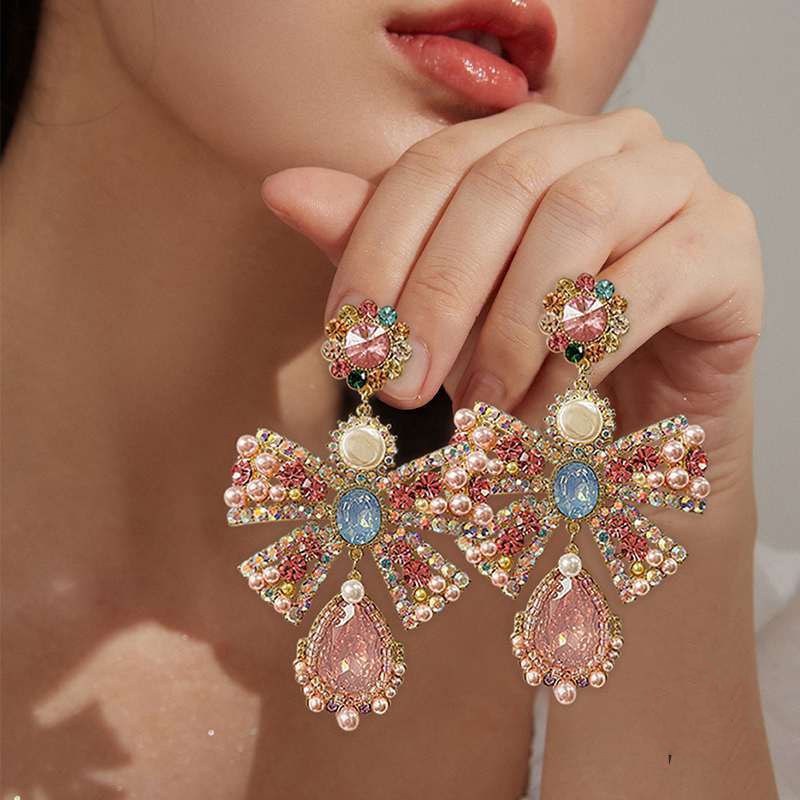 Khuyên Tai Nơ Kim Loại Đính Đá Pha Lê &amp; Ngọc Trai Giả Thời Trang Châu Âu Và Mỹ