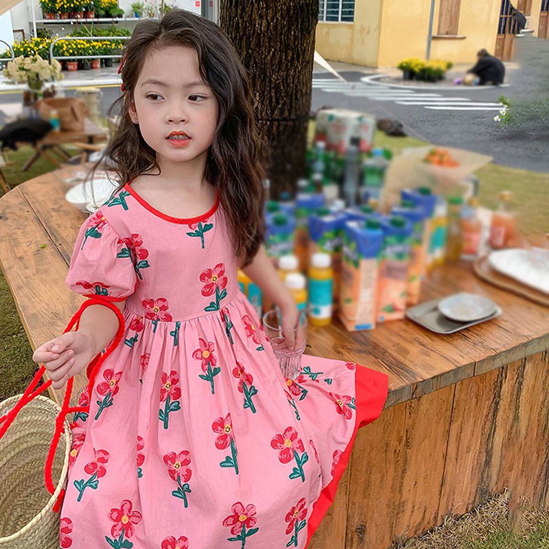 Đầm Hoa Cổ Tròn Tay Phồng Ngắn Kiểu Hàn Quốc Thời Trang Mùa Hè Xinh Xắn Cho Bé Gái