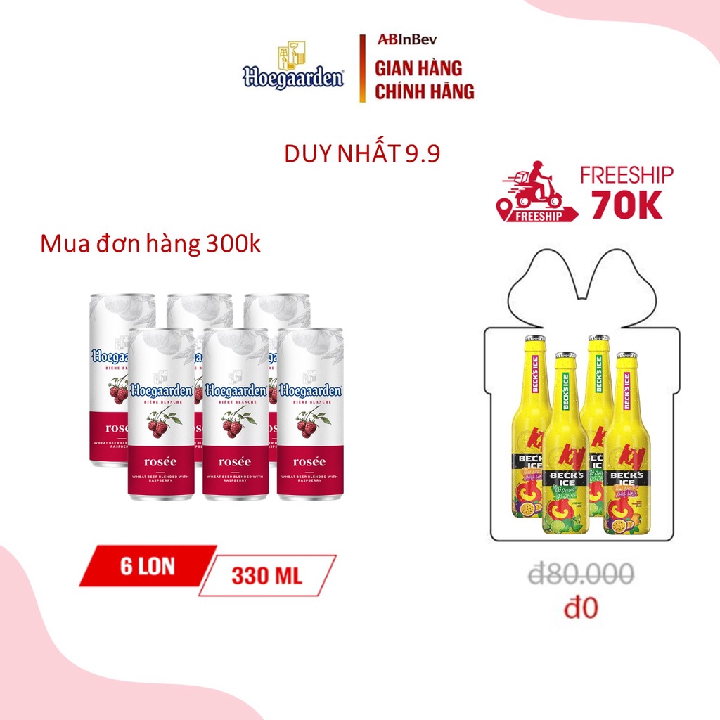 Bia Hoegaarden rosée hương vị trái cây lốc 6 lon (330ml/lon)