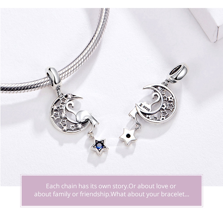 Charm Bamoer SCC1205 Bằng Bạc 925 Hình Mặt Trăng Ngôi Sao Và Mèo Vintage Dùng Làm Vòng Tay/dây Chuyền