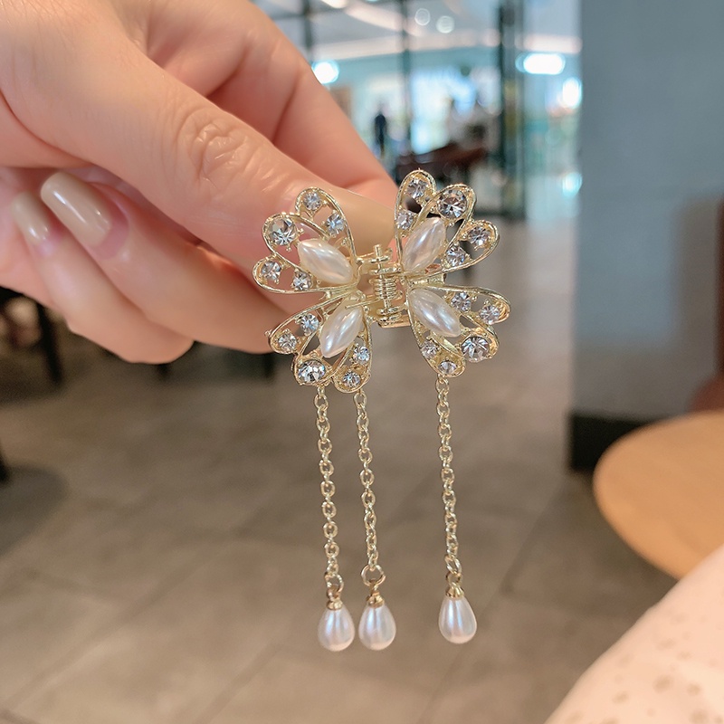 Kẹp Tóc Kim Loại Hình Bướm Đính Đá Và Ngọc Trai Phong Cách Hàn Quốc