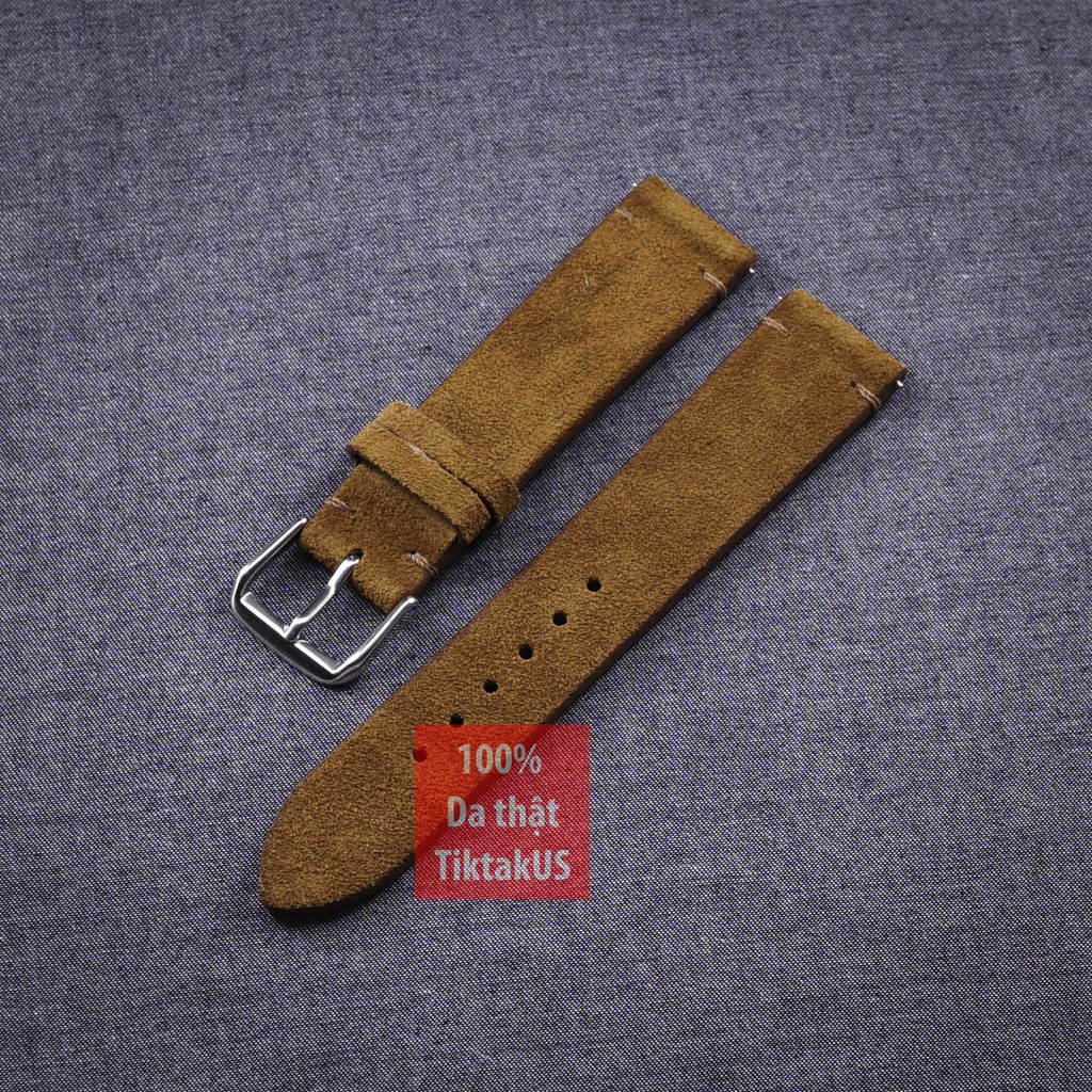 Dây đồng hồ da bò Vintage da lộn không chỉ viền khóa thép không gỉ, nhiều màu, đủ size : 18mm - 19mm - 20mm - 21mm - 22m