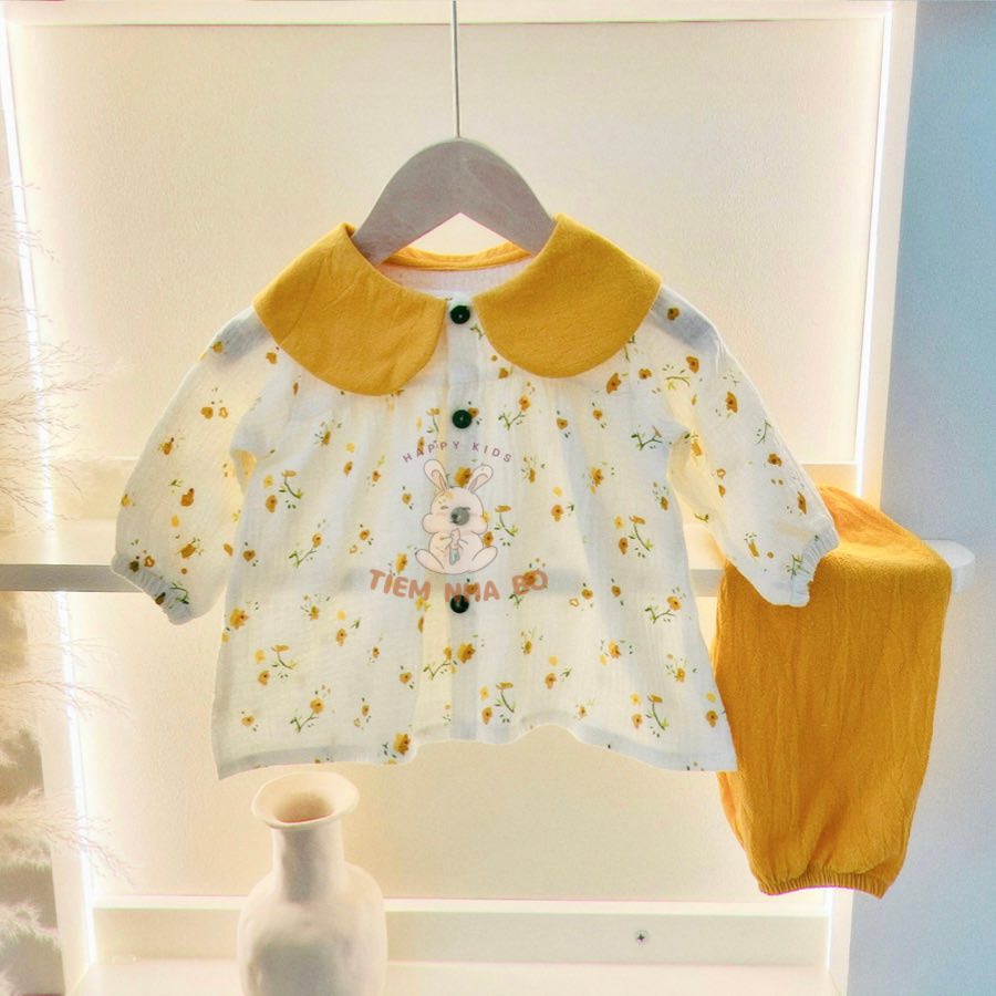 Bộ thu đông bé gái, bộ dài tay cổ sen cho bé vải xô muslin từ 5-15kg TNB