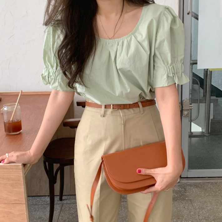 SUXI Áo Sơ Mi Nữ Tay Ngắn Màu Trơn Phong Cách Hàn Quốc