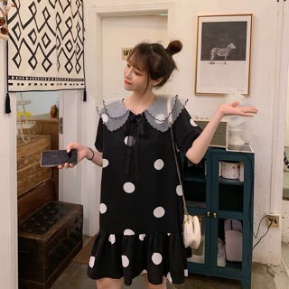 Bigsize M-4XL Đầm babydoll đuôi cá chẤm bi cổ voan kính phối nơ