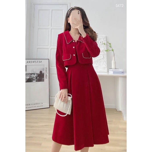 Set váy hai dây kèm áo khoác croptop chất tuyết mưa màu đỏ sang trọng | BigBuy360 - bigbuy360.vn
