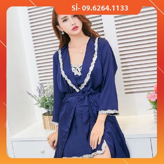 [HÀNG CÓ SẴN, LOẠI 1] Váy ngủ lụa 2 dây giá rẻ kèm áo choàng dài gợi cảm màu xanh -Nguyên sét 2 Hàng Quảng Châu Chất Đẹp