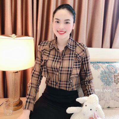 Min's Shoes - Áo Sơ Mi Nữ Kẻ Nâu Tây Cách Điệu Áo 430