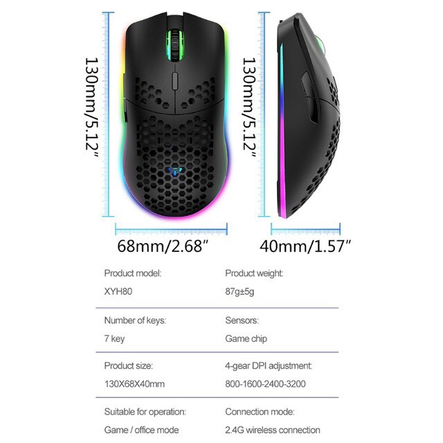 XUNFOX XYH80 - Chuột Gaming không dây Dây 2.4G Pin sạc 3200DPI LED RGB 16,8 Triệu Màu 7 Phím Macro - BẢO HÀNH 12 THÁNG