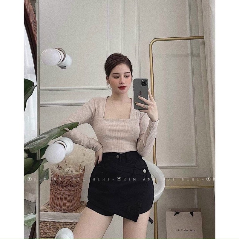 Áo len tăm cổ vuông 3 màu phong cách Hàn Quốc siêu xinh cuốn hút, Áo thun cổ vuông dài tay -Hinhin | BigBuy360 - bigbuy360.vn