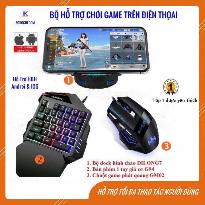 [Combo] Phụ Kiện Hỗ Trợ Chơi Game Trên Điện Thoại 3 Món Bộ Dock Chuyển Đổi DiLong7. Chuột Game GM02. Bàn Phím G94
