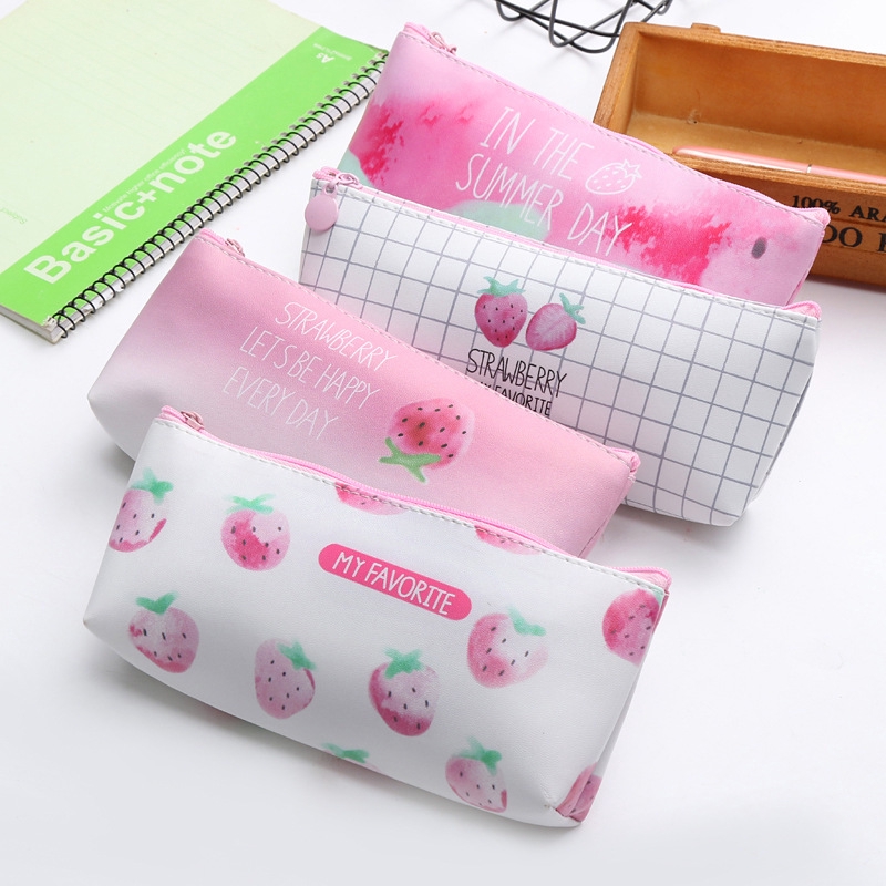 Túi Đựng Bút/ Đồ Trang Điểm Bằng Da PU Có Khóa Kéo In Họa Tiết Dâu Tây Đơn Giản Dễ Thương Cho Nữ