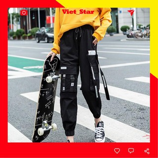 Quần jogger nữ kaki túi hộp dây chữ màu đen VST