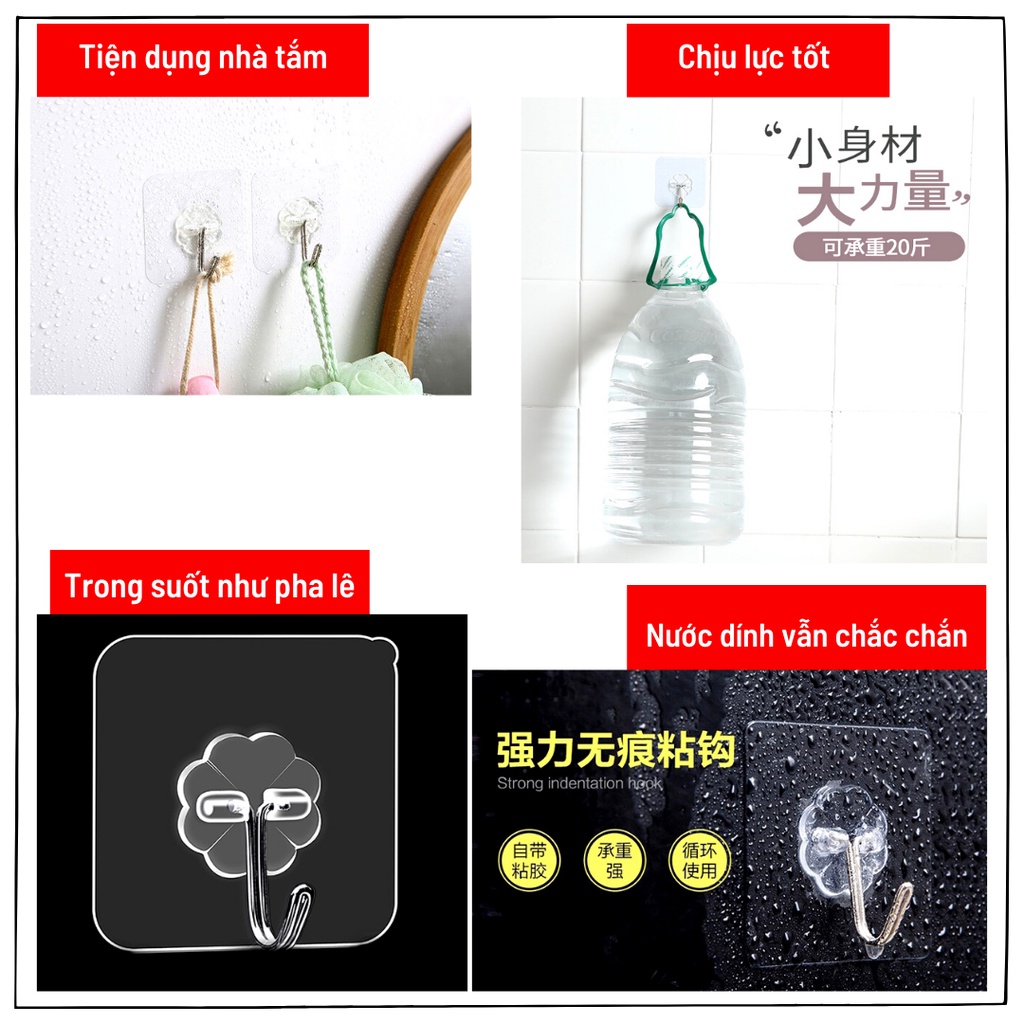 [Giá sỉ] Combo 10 Móc Dán Tường Siêu Dính Trong Suốt Chịu Lực Tốt Treo Tường Chắc Chắn 6x6 cm