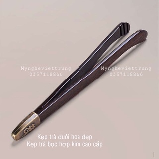 Kẹp gắp chén trà gỗ hoạ tiết đẹp-Kẹp bằng đồng cán gỗ cao cấp