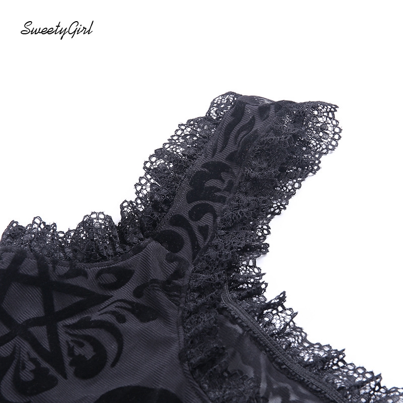 Áo liền quần dáng ôm không tay cổ chữ U phối ren màu trơn thời trang dành cho nữ