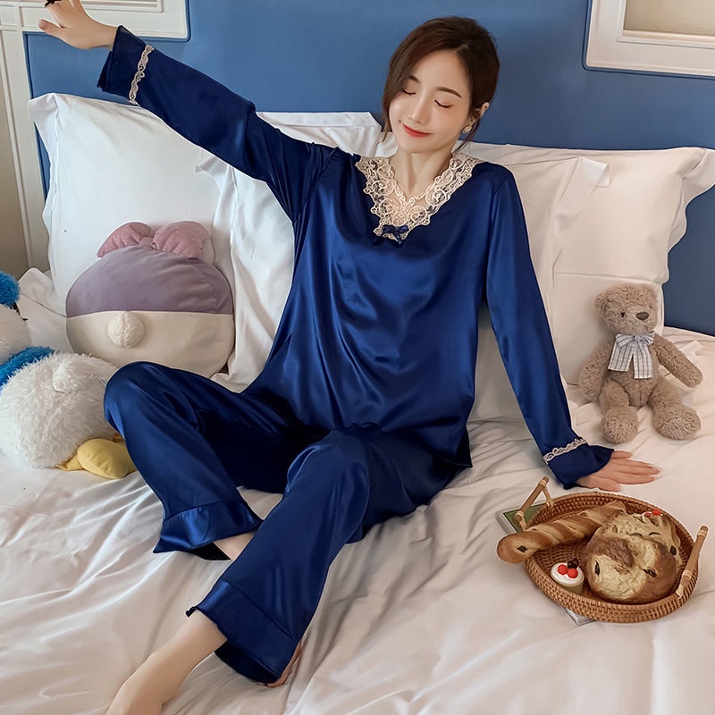 Bộ đồ ngủ tay dài bằng lụa mát thời trang xuân thu hàng mới dành cho bạn nữ mặc ở nhà