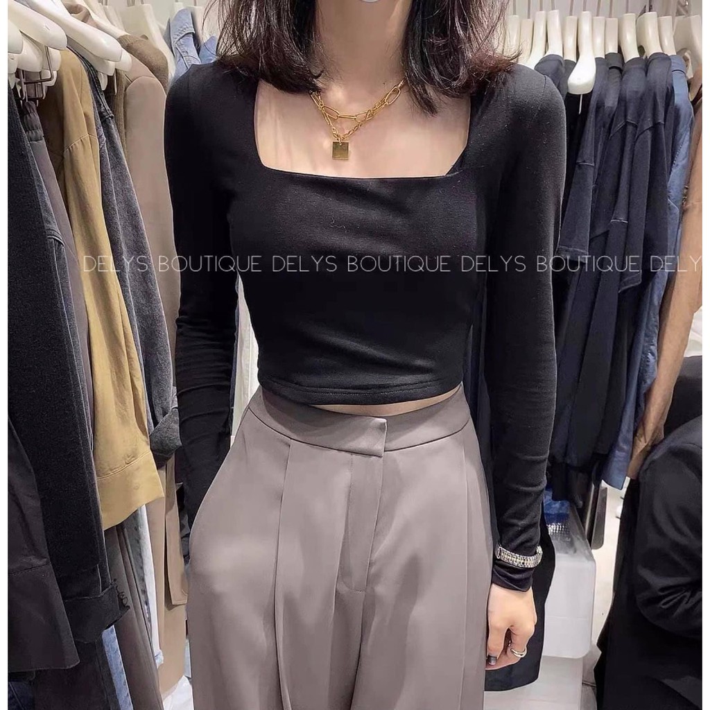 Áo Thun Dài Tay Cổ Vuông THUS Áo Kiểu Croptop Thun Cotton Co Dãn Form Ôm Phong Cách Retro A2A01