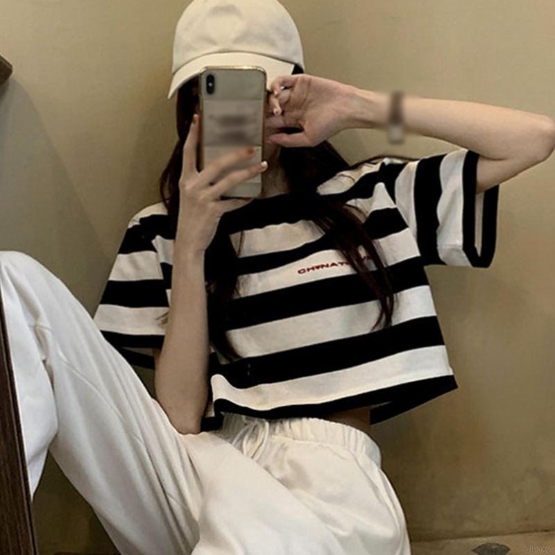 Áo Thun Tay Ngắn Dáng Rộng Kẻ Sọc Ngang Trẻ Trung Phong Cách Hàn Quốc Cho Nữ