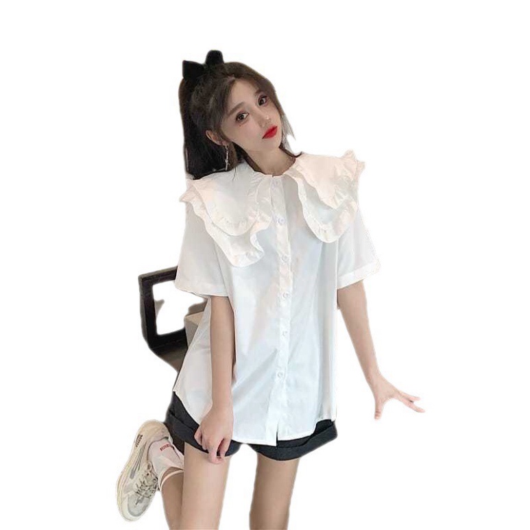 áo sơmi trắng nữ cổ bèo 2 tầng bèo ngắn tay mặc ngày hè A205 Nội Y Xanh hàng đẹp trendy - nội y xanh