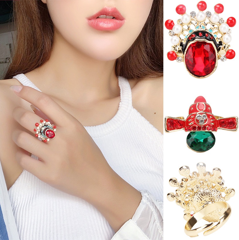 Fine Jewelry Beijing Opera Facial Makeup Diamante Farewell My Concubine Enamel Stone Ring