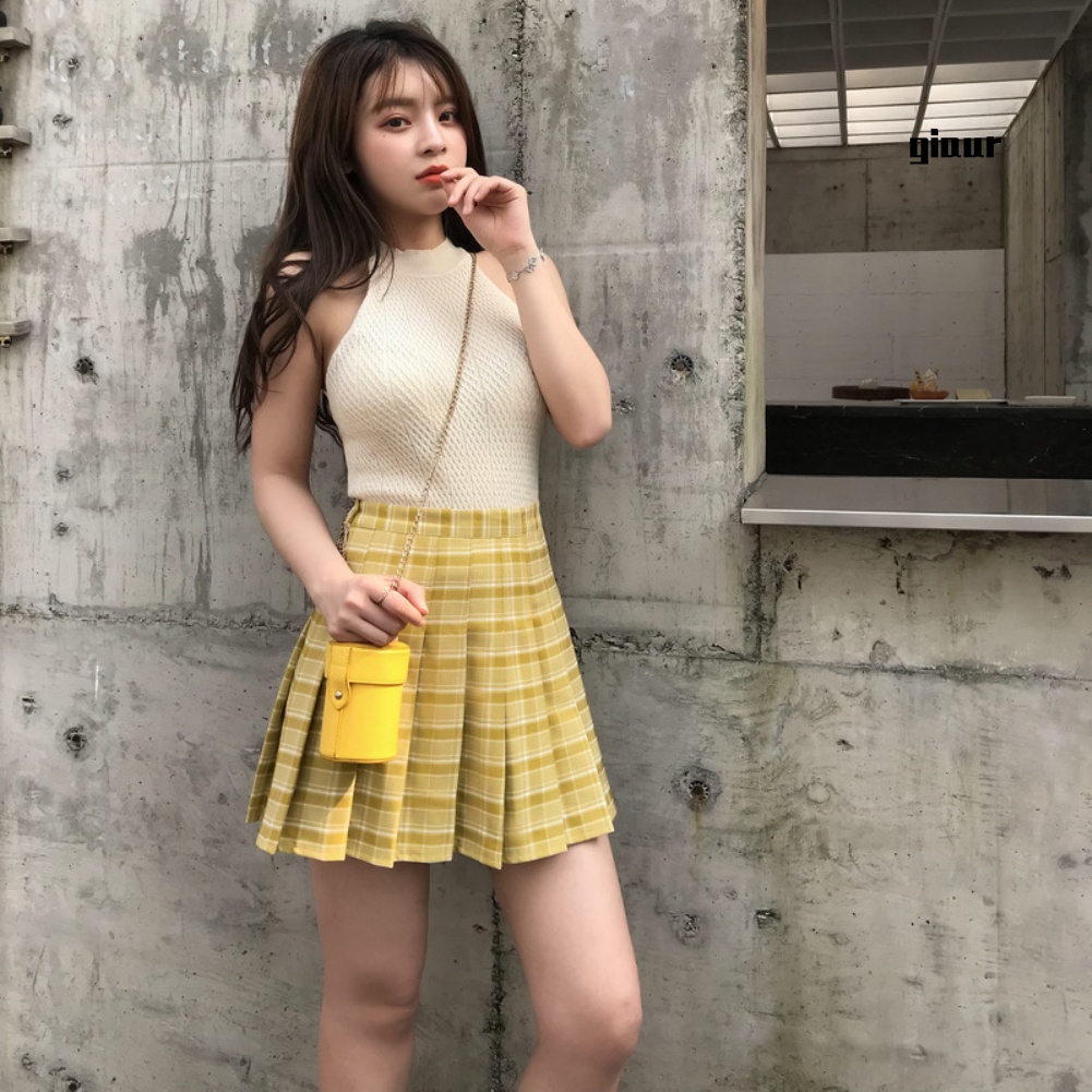 Chân váy ngắn dáng chữ A lưng cao họa tiết sọc caro thời trang cho nữ