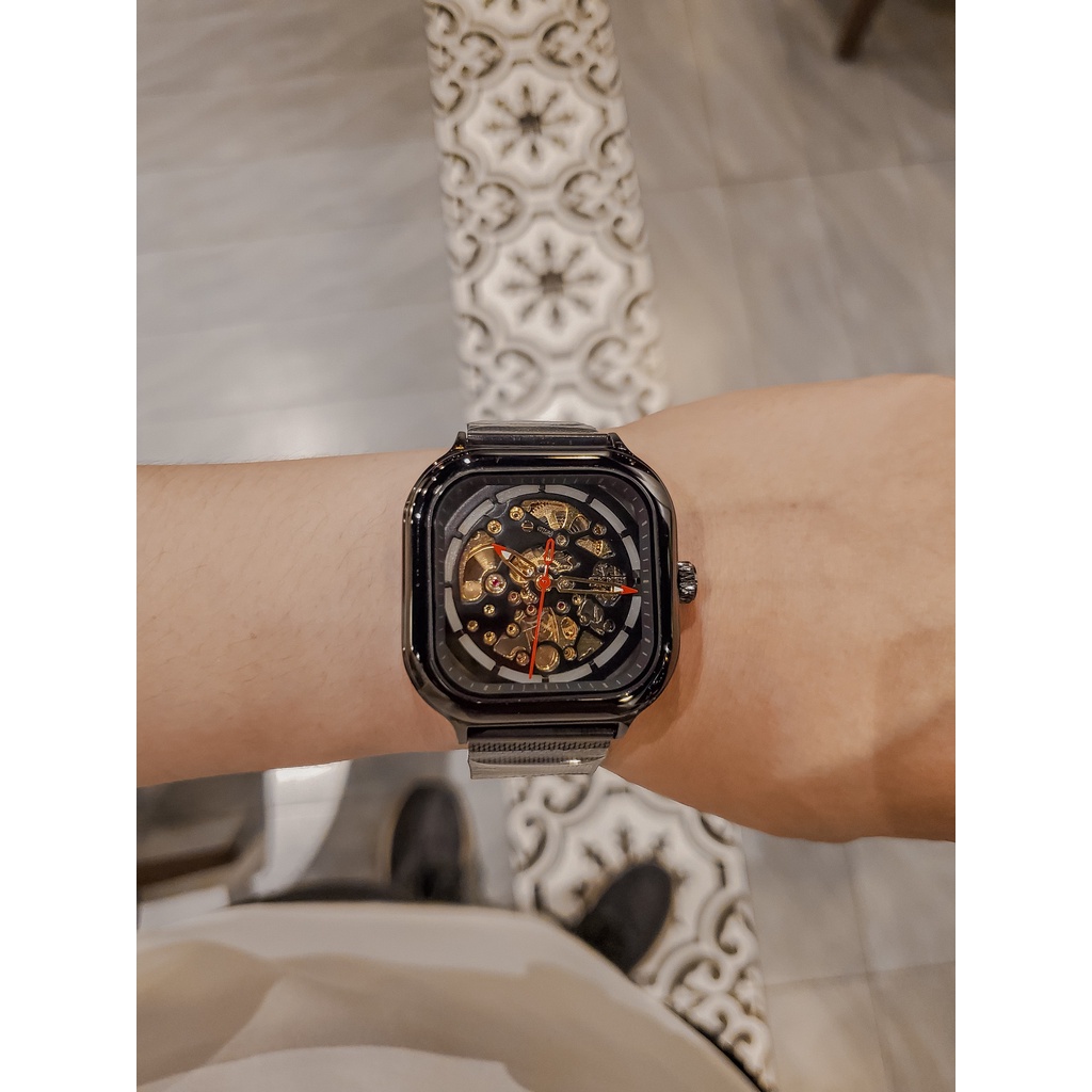 Đồng hồ nam cơ tự động mặt vuông Ferb đen đồng hồ lộ cơ 2 mặt thời trang trẻ trung size 41mm