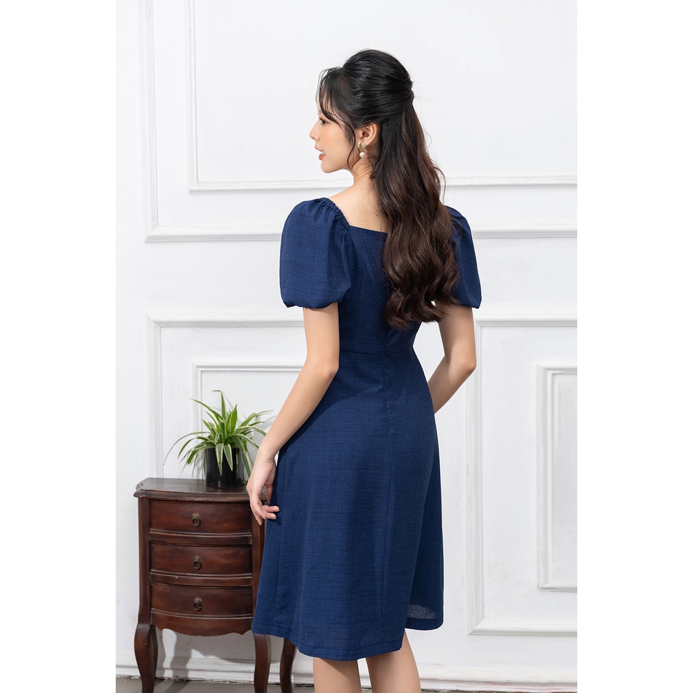 Váy Công Sở Thiết Kế LUPERI Tay Bồng Cổ Vuông Thanh Lịch Chất Liệu Đũi Xước Cao Cấp LFV3271