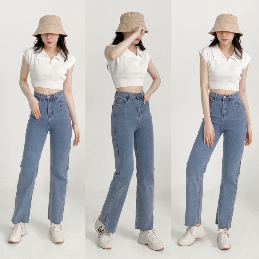 Quần jean ống rộng lai trơn cắt xẻ bên (co giãn nhẹ), quần bò nữ lưng cao thời trang ulzzang VM STYLE 21QJR11NB1202