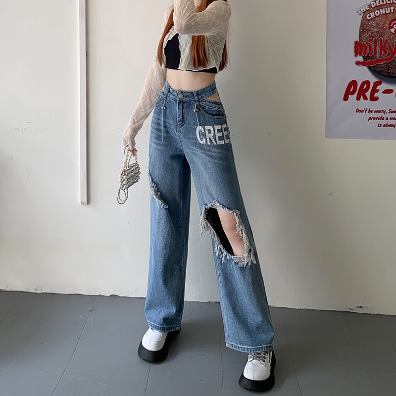 Quần jean dài ống rộng thiết kế rách lỗ thời trang dành cho nữ