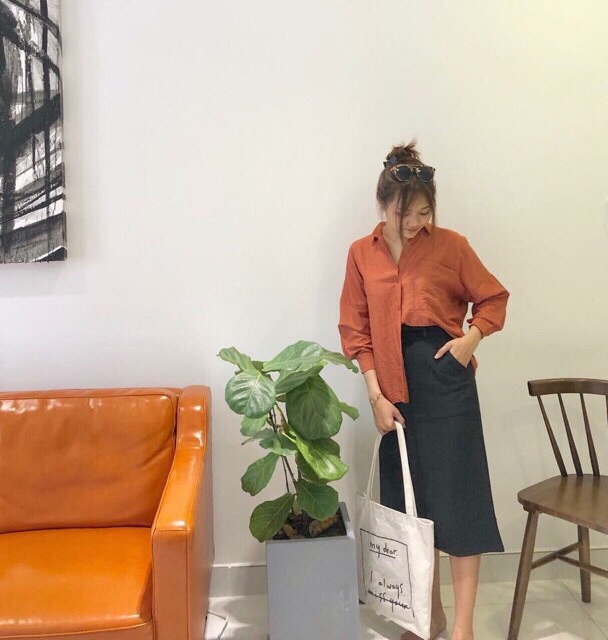 Áo sơ mi cam đất ko túi hot tren