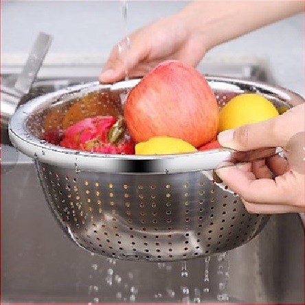 Rổ Inox Cao Cấp 304, D=26cm, Rửa Rau Củ Quả Tiện Lợi. Dễ Dàng Vệ Sinh, dày dặn