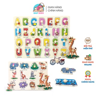 Bảng ghép hình núm gỗ nhiều chủ đề - Bảng chữ cái, Bảng số, Đồ chơi giáo dục cho bé Bapkids