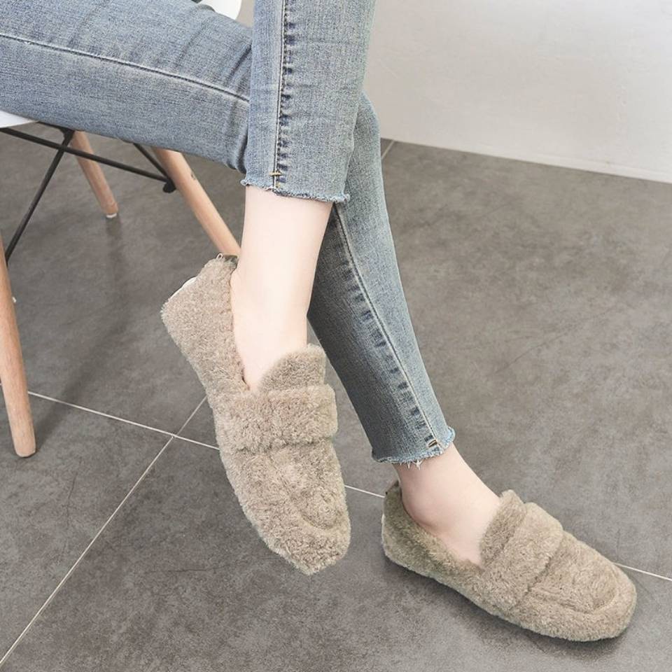 Giày Đế Bằng Phối Lông Nhung Dễ Thương Xinh Xắn Thời Trang Mùa Đông Cho Nữ