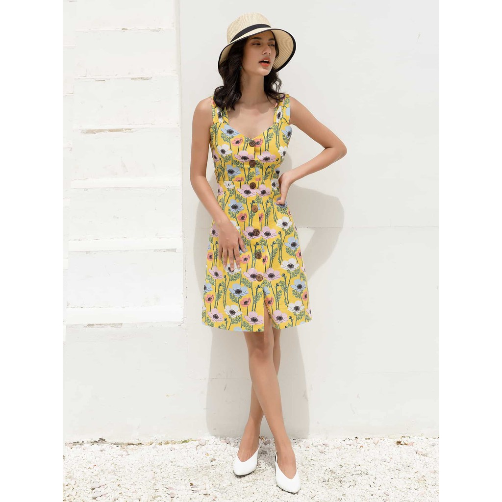 Đầm hoạ tiết nữ YV LE & CO vải linen màu vàng trẻ trung | BigBuy360 - bigbuy360.vn