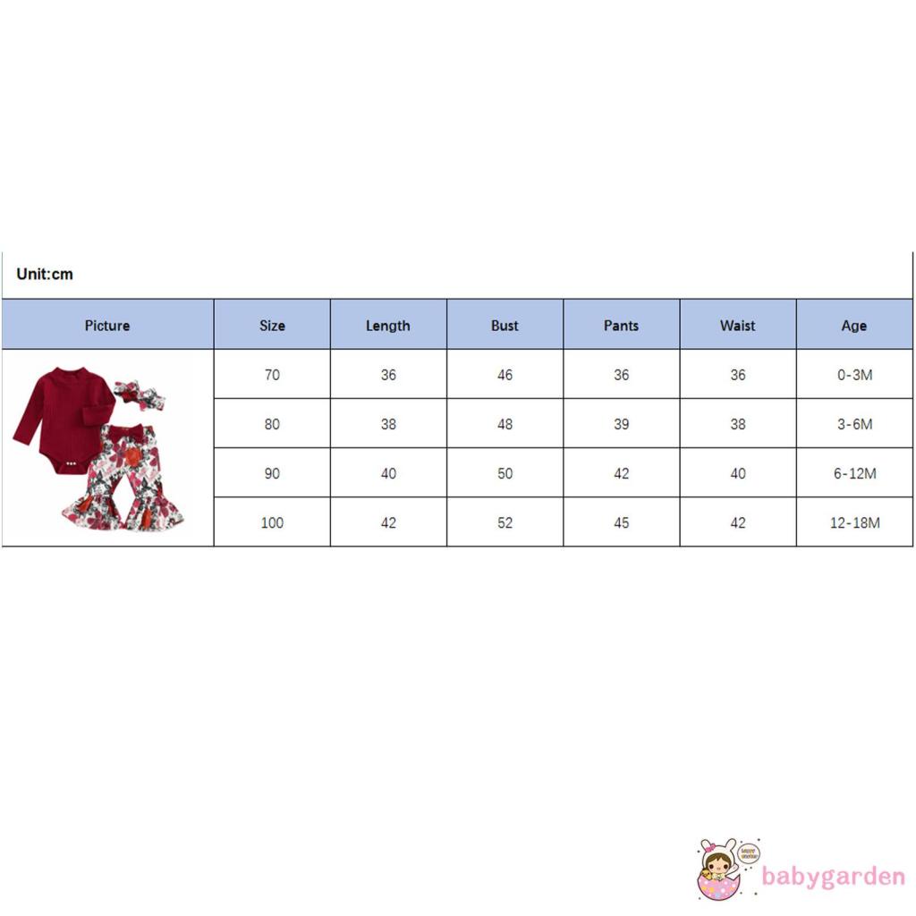 Bộ Áo Liền Quần Tay Dài Cổ Cao Màu Trơn + Quần Dài Ống Loe In Hoa + Băng Đô Cài Tóc Thời Trang Mùa Thu Cho Bé Gái 0-18 Tháng Tuổi