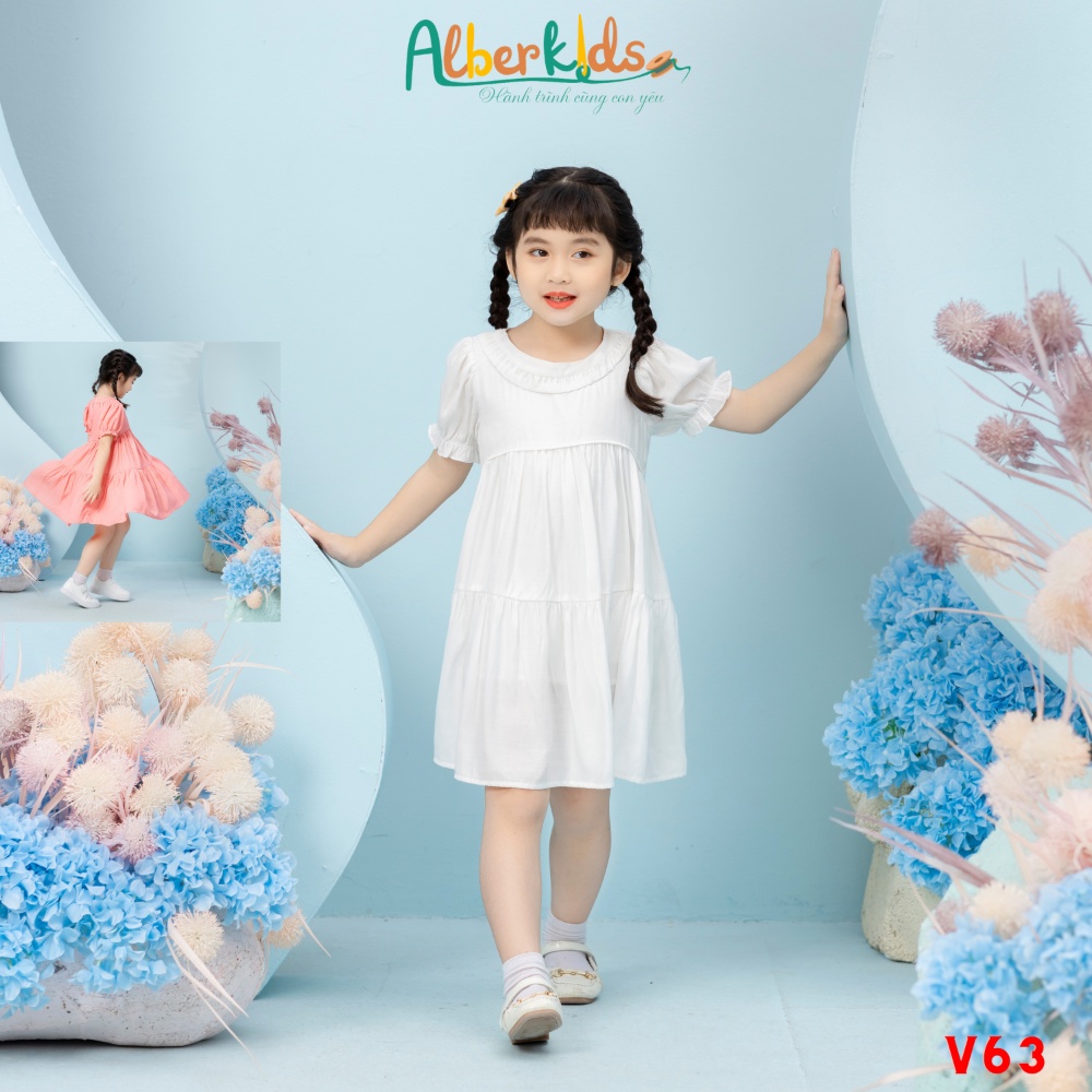 Váy bé gái ALBERKIDS cổ gân tròn tay bèo chun 2 lớp công chúa xinh đẹp cho trẻ em 2,3,4,5,6,7,8,9,10,11,12 tuổi [V63]