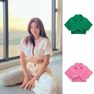 Áo sơ mi croptop xoắn eo nhiều màu
