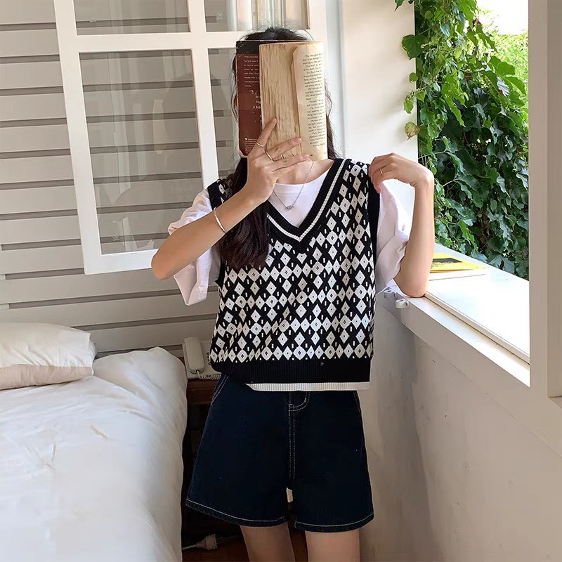 Áo gile nữ Chelgy vải len form rộng không tay hoạt tiết thổ cẩm hình thoi freesize Quảng Châu CG-GLHT104