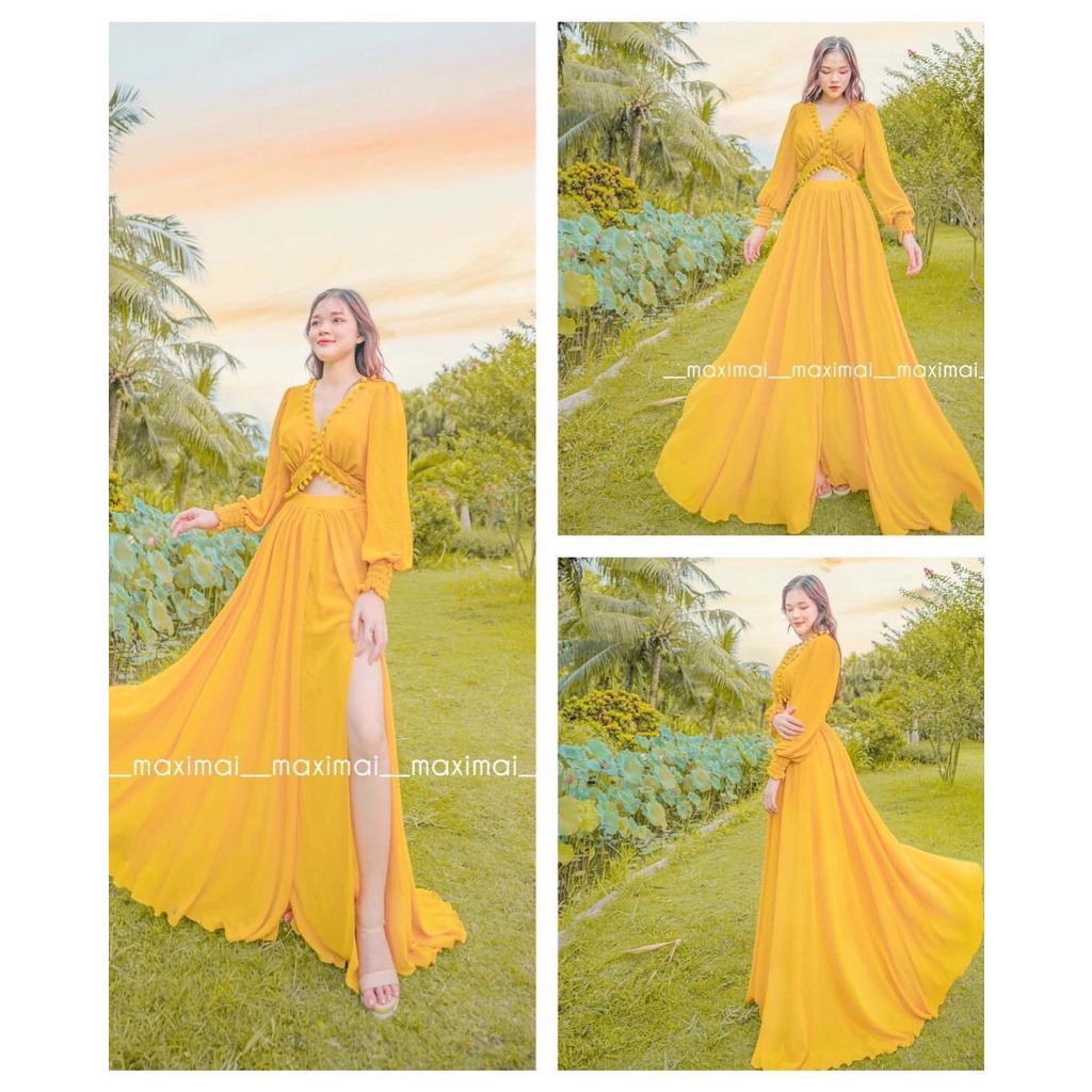 Đầm maxi dáng xoè cut eo bo chun tay, chụp hình đi du lịch siêu ảo HAKIEU