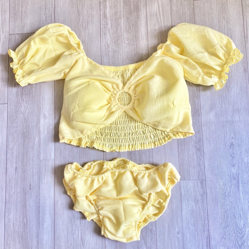Bikini set 3 món, Đồ bơi đi biển tay bồng trễ vai phối khoen áo kèm khăn quấn mẫu mới 07-2022 (freesize 45-55 kg)